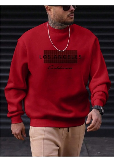 Startmore Kırmızı Unisex Kadın/erkek Detaylı Los Angeles Özel Baskılı Renkli Oversize Bisiklet Yaka Pamuklu