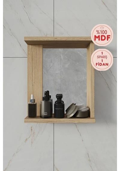 Menekşe Aynalı %100 Mdf Duvar Rafı Lefkas Meşe