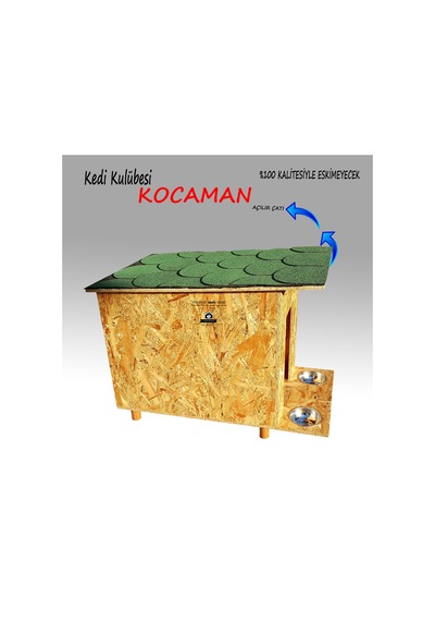 Çelik Mama Kabı + Kedi Kulübesi Açılır Çatılı Büyük Ahşap Kedi Evi 81 x 46 x 60 CM