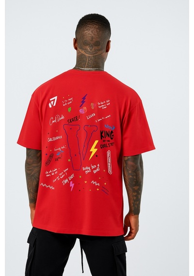 V Baskılı Oversize Beyaz T-shirt Kirmizi
