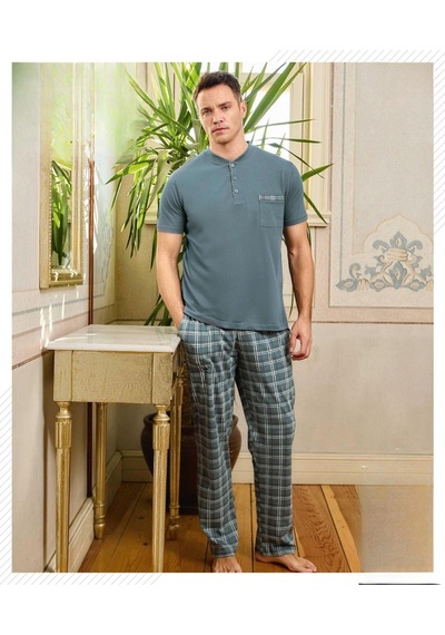 Pijamoni Erkek Düğme Yaka Kısa Kol Pijama Takımı 6850/99 - 1 Adet Yeşil