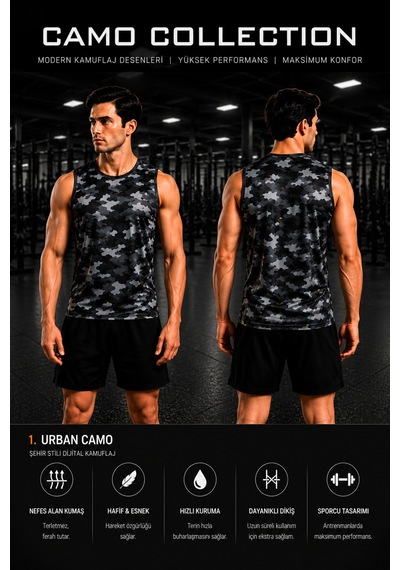 Beydex Erkek Nem Emici Hızlı Kuruma Camo Collection Sporcu Sıfır Kol T-shirt Gym Metalik