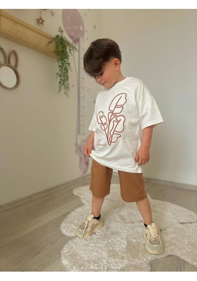Miniko Kids Erkek Çocuk Keten Şortlu Cep Modelli Pamuk Şortlu Takım Ekru