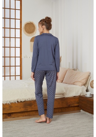 Siyah İnci Gömlek Yaka Düğmeli Milan Örme Pijama Takım25224010 İndigo