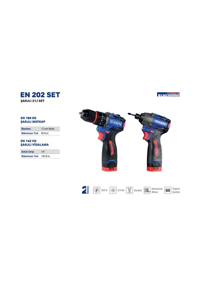 Exen En 202 Set - 21v 2ah Kömürsüz Şarjlı Makina 2'li Set