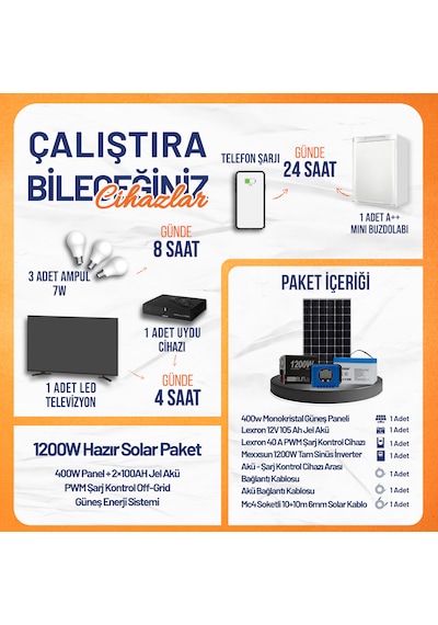 1200w Hazır Solar Paket 400w Panel + 2x100ah Jel Akü + Pwm Şarj Kontrollü Off-grid Güneş Enerji Sistemi