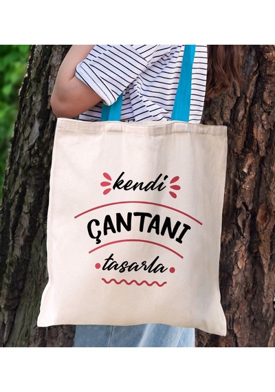 Bk Gift Kişiye Özel Kendin Tasarla Turkuaz Renkli Kulp Ve İç Cepli Kanvas Bez Çanta 35x40cm, Baskılı Omuz Çantası, Alışveriş Çantası, Plaj Çantası Haki