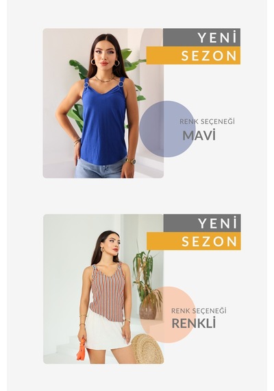 Kadın Mavi Askılı V Yaka Halka Detaylı Şık Bluz, Kadın Bluz Modeli Mavi