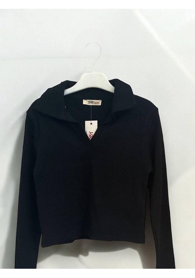 Kız Çocuk Mevsimlik Pamuklu V Yakalı Crop Bluz-14424 Siyah