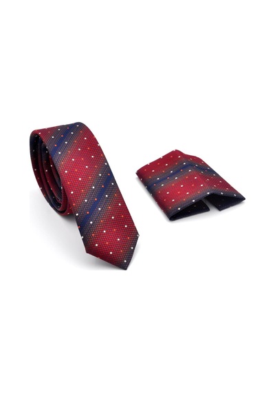 Gaffy Bordo Kahverengi Ve Lacivert Verev Desenli Dokuma Kumaş Mendilli Slim Fit Kravat // Sdk-240802 Desenli