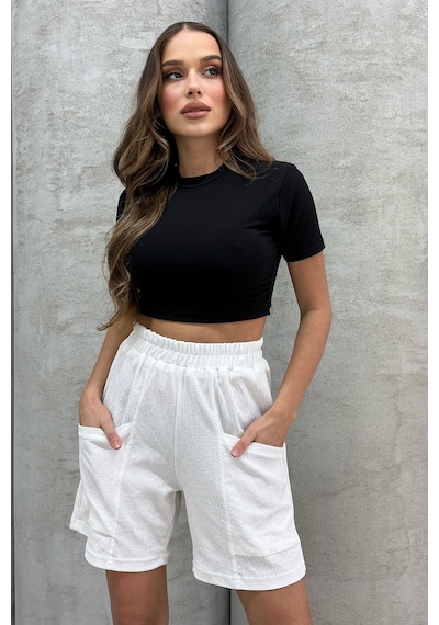 Lesa Wear Yüksel Bel Bol Kesim Keten Görünümlü Çift Cepli Şort Beyaz