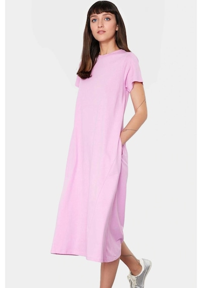 Ersefa Nefes Alan Pamuklu T Shirt Elbise Midi Boy Cep Detaylı Modern Sti Pembe