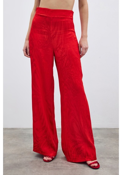 Sateen Yüksek Bel Desenli Pantolon - Kırmızı-135700 Kırmızı