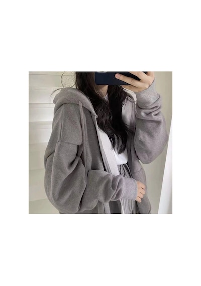 Tarzsokak Özel Tasarım Kapüşonlu Tam Fermuarlı Kalın Kışlık Süper Oversize Kadın Ceket-sweats Gri