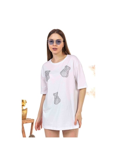Kadın Oversize Taş Işlemeli Minik Ayıcık Baskılı Tshirt (534304862)