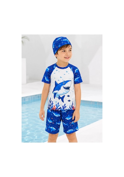 Rony Pony Kids Erkek Çocuk Mavi Köpekbalığı Baskılı 3 Lü Mayo Seti Kısa Kollu Üst Şort Bone Beyaz Mavi