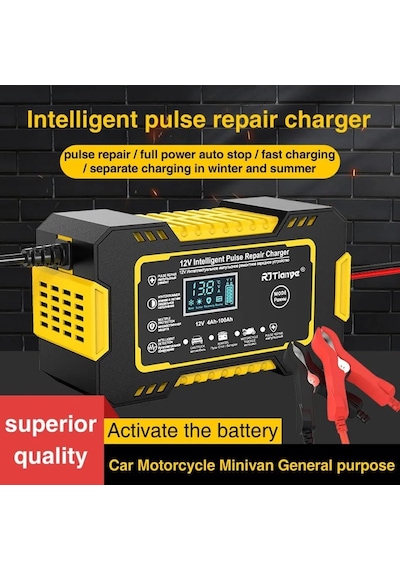 12v 6a Akü Şarj Cihazı, 4-100ah Uyumlu, Dijital Ekran, Otomatik Koruma, Araba Motosiklet Tekne