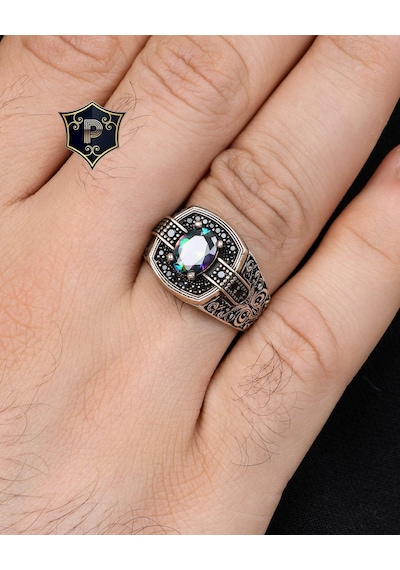 Mistik Topaz Taşlı Zirkon Taş Süslemeli 925 Ayar Gümüş Erkek Yüzüğü 800931 Mistik Topaz Taşlı Zirkon Taş Süslemeli 925 Ayar Gümüş Erkek Yüzüğü 800931