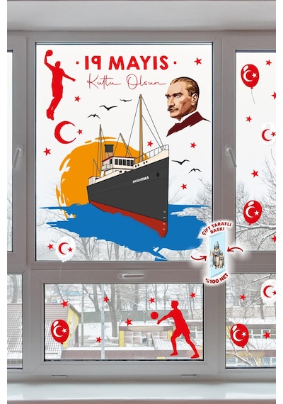 19 Mayıs Bayramı Atatürk Ve Gençlik Tema Cam Pano Duvar Sticker Seti 72 Parça Dev İki Taraflı Baskı Dijital Baskı