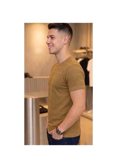 Regata Çizgi Desenli Bisiklet Yaka Regular Fit Örme İnce Triko Erkek T-shirt Camel