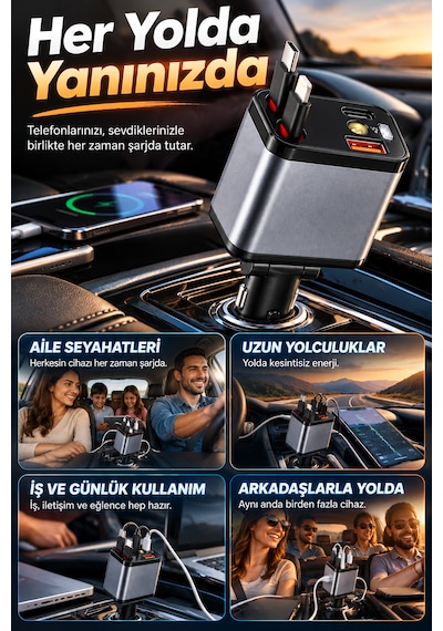 120w Araç Şarj Cihazı 4 Çıkışlı 100w Type-c Hızlı Şarj Geri Çekilebilir Kablolu Yıldız Tavan Işıklı Dex-51
