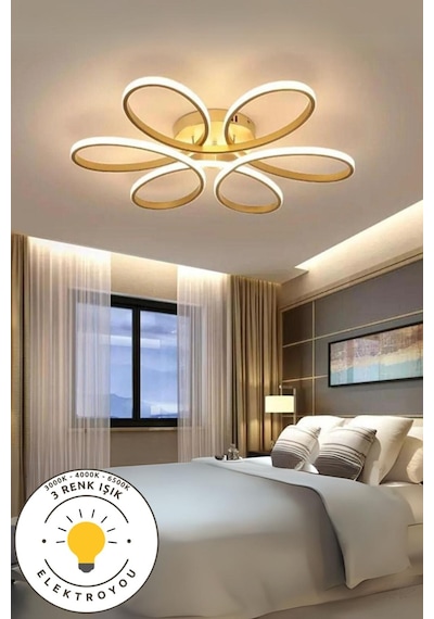 Levent Eskitme 60 Cm Plafonyer Kumandalı Ultra Süper 3 Renk Işık Ledli Salon Mutfak Ledli Avize Altın