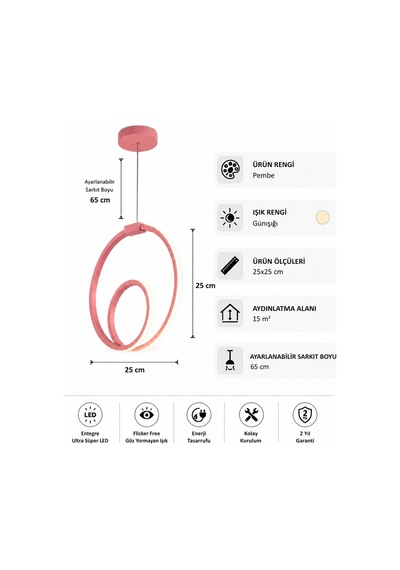 AvizeGO Ovira Led Sarkıt Avize Çocuk Odası Günışığı Pembe