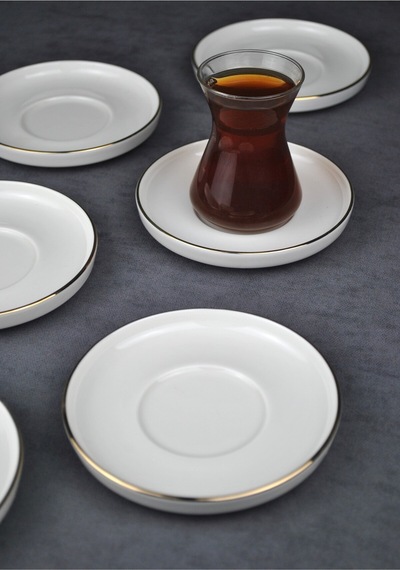 6 Kişilik Porselen Çay Tabağı Gold Yaldızlı 6 Adet Sade Modern Çay Tabak -çizgili