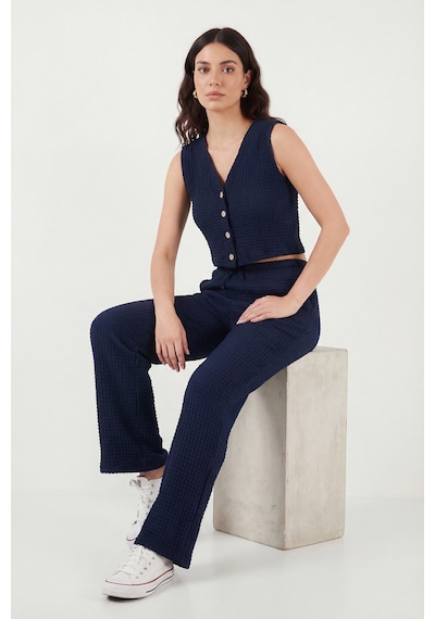 Lela Regular Fit V Yaka Yelek-pantolon Gofre Takım Bayan Takım 5866484 Lacivert