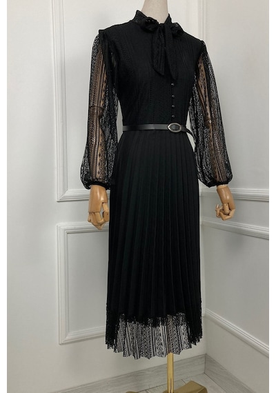 Ges Moda G0015 Dantel Detay Piliseli Elbise Siyah-siyah Siyah