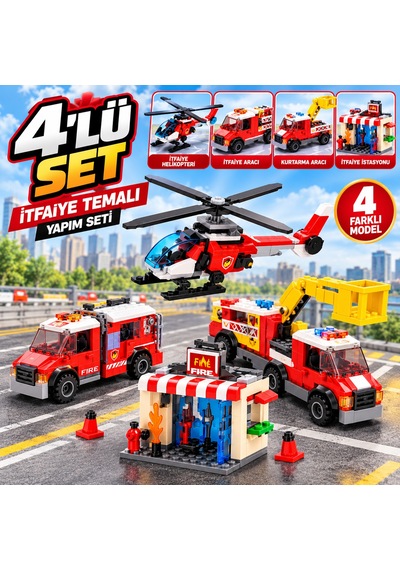 4'lü İtfaiye Temalı Yapım Seti Helikopter İtfaiye Aracı Kurtarma Aracı Ve İtfaiye İstasyonu
