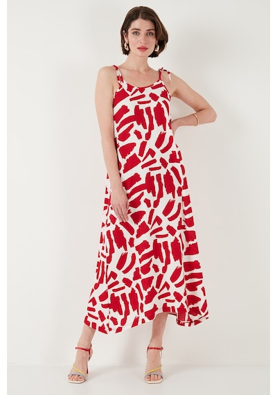 Lela Desenli Midi Boy Oversize Fit Bağlamalı Ip Askılı Bisiklet Yaka Bayan Elbise 5869009 Bordo
