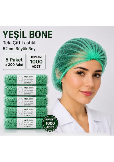 Yeşil Bone Tela Çift Lastikli 52 Cm Büyük Boy 5 Paket X 200 Adet Toplam 1000 Adet
