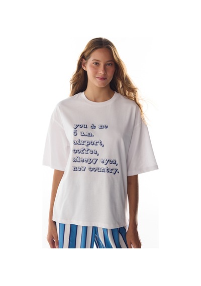 Penti Beyaz Vacation Slogan Desenli Kısa Kollu Tişört Pijama Üstü Optik Beyaz