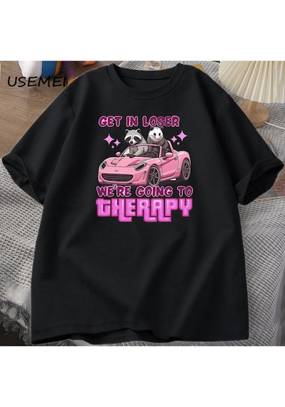 Flood Of Style Kaybeden Olsun Biz Gidiyor Terapi Rakun Komik T Shirt Trendy Y2k Zihinsel Sağlık T Shirt Erke Siyah