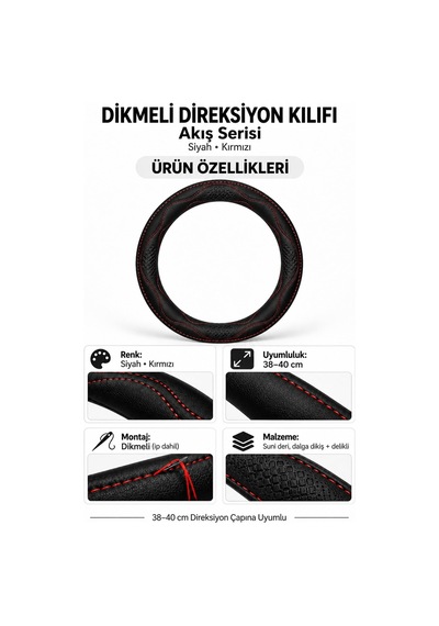Trobus Ford Transit Connect 2002-2013 Uyumlu Dikmeli Direksiyon Kılıfı Akış Siyah Kırmızı Siyah - Kırmızı