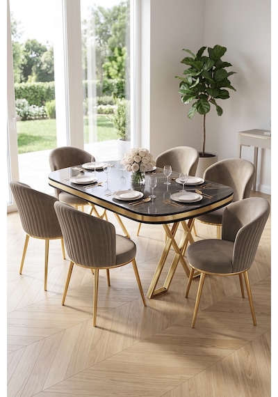 Nisare Serisi 90x168 Lak Panel Siyah Mermer Desen Masa Takımı Gold Ayaklı 6 Sandalye Siyah Mermer Masa Cappucino Sandalye Nisare Serisi 90x168 Lak Panel Siyah Mermer Desen Masa Takımı Gold Ayaklı 6 Sandalye Siyah Mermer Masa Cappucino Sandalye