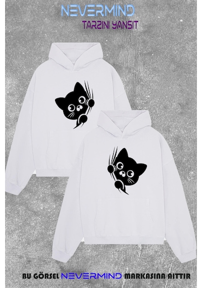 Nevermind Çift Kombini Sweatshirt Seti 3 İplik Oversize Kedi Desenli Hood Beyaz
