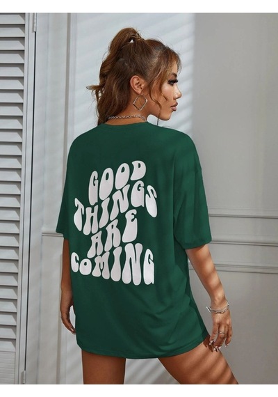 Good Things T-shirt - Yeşil Baskılı Oversize Bisiklet Yaka Kısa Kol Tişört Yeşil