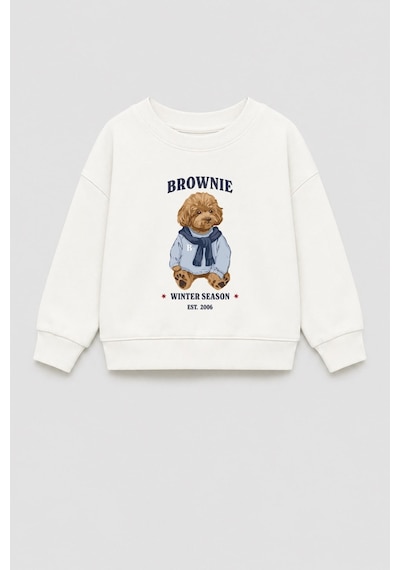 Monila Erkek Çocuk 3 İplik Kumaş Ayıcık Baskılı Pamuklu Sweatshirt Ekru