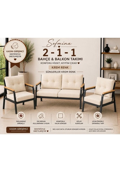 Balkon Ve Bahçe Takımı Cafe Oturma Grubu 2+1+1 Konforlu Lotus Serisi Krem