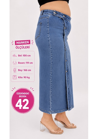 Zanessi Fashıon Büyük Beden Denim Düğmeli Kalem Etek Mavi
