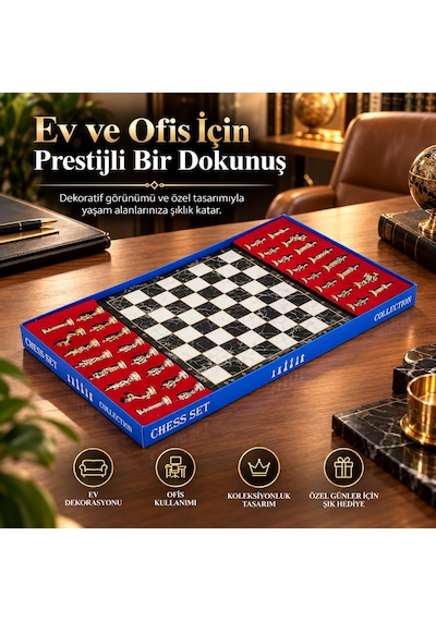 Lüks Metal Satranç Takımı Osmanlı Bizans Figürlü Krom Siyah Mermer Desenli 20x20 Premium Hediye Seti