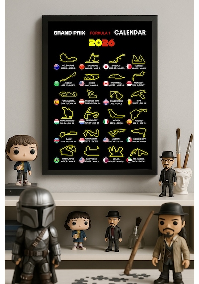 Grand Prix Formula 1 Calendar Siyah Ahşap Çerçeveli Poster, Dekoratif Araba Duvar Tablosu
