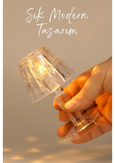 Kristal Masa Lambası Görünümlü Led Mum - Pilli Dekoratif Gece Lambası Ve Mini Başucu Abajuru Sarı