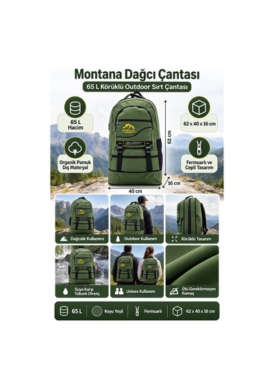 Montana Dağcı Çantası Koyu Yeşil Körüklü 65 L Sırt Çantası 62x40x16 Cm Desenli