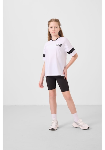 Tommylife Beyaz-siyah V Yaka Kemer Detaylı Standart Fit Performans Kız Çocuk Tayt Takım - 75187 Beyaz - Siyah