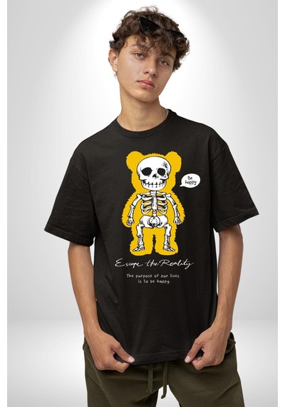 Mutlu Ol Pamuklu Bisiklet Yaka Unisex Oversize Boyfriend Dijital Baskılı Siyah T-shirt Siyah