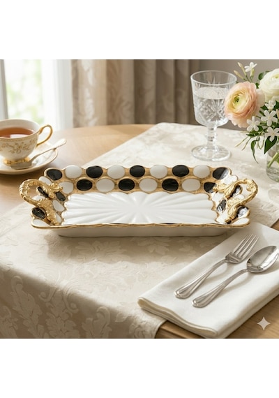Sembol Porselen Lüks Dikdörtgen Sunum Tepsisi 30x19 Cm