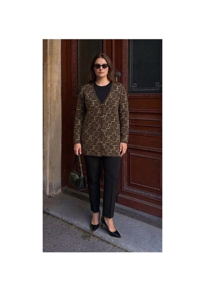 Onno Style Women Kalp Desenli Klasik Triko Düğmeli Ceket Kahverengi